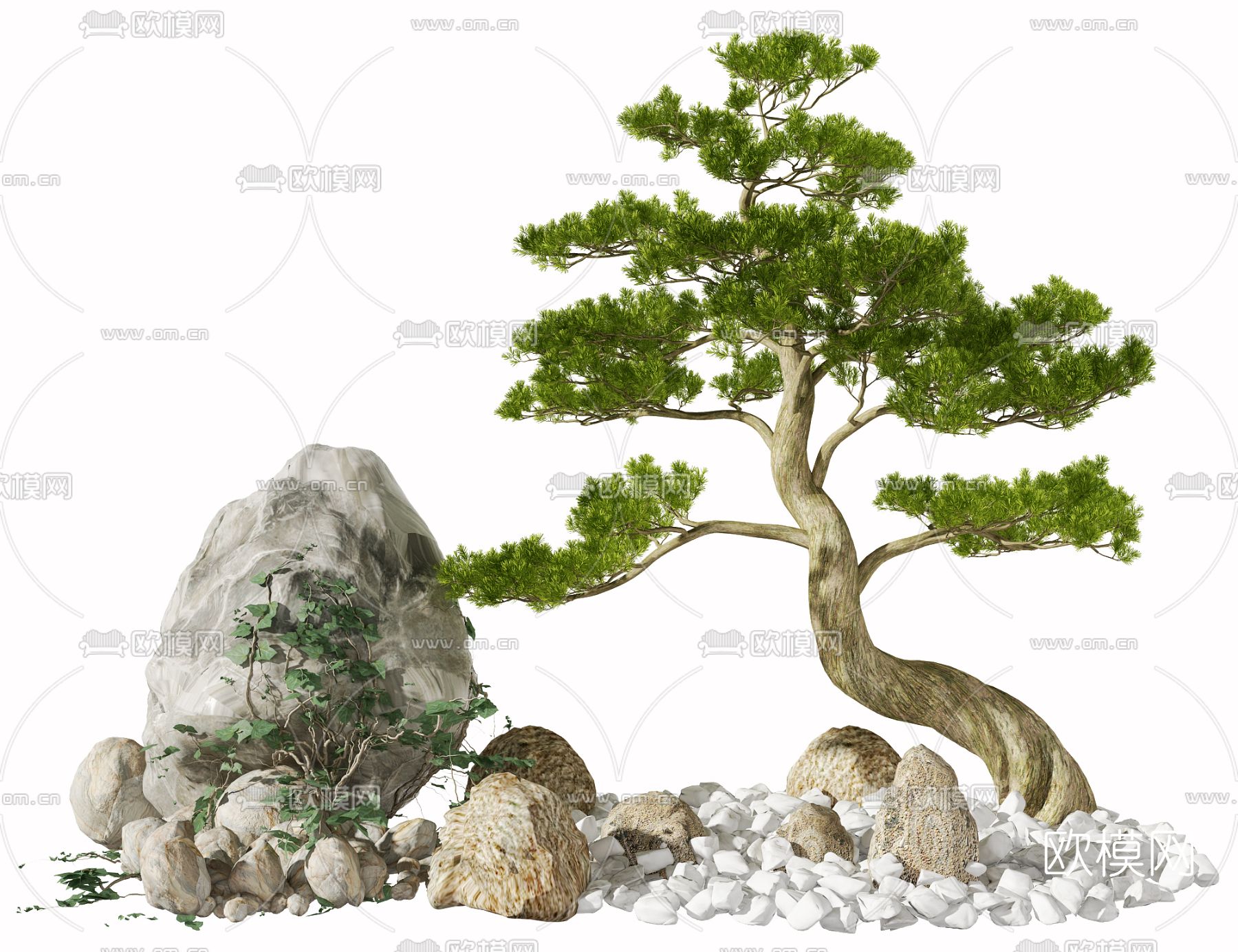 新中式石头松树小品3d模型下载