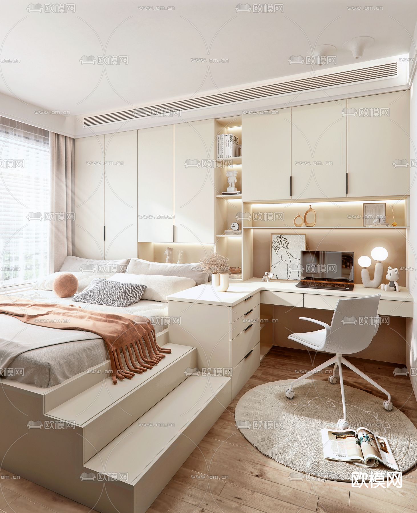 现代奶油风榻榻米卧室su模型下载（渲染图1）