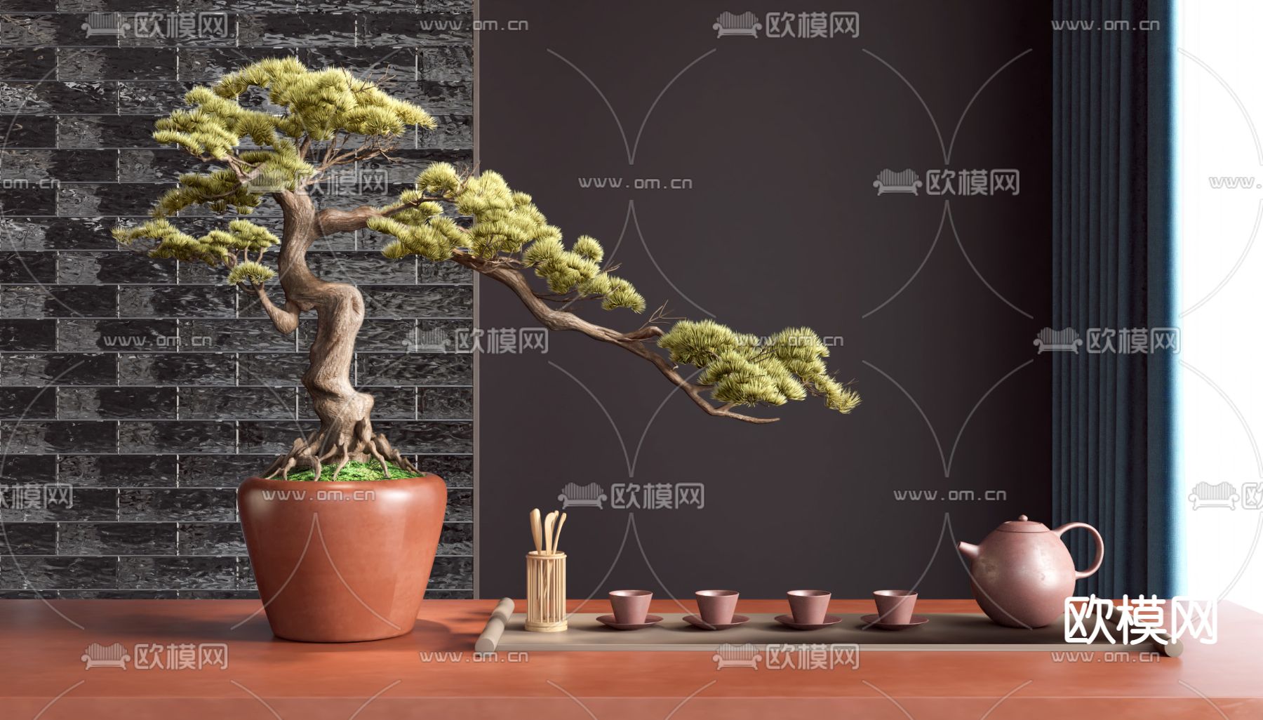 新中式松树盆栽茶具3d模型下载（渲染图1）