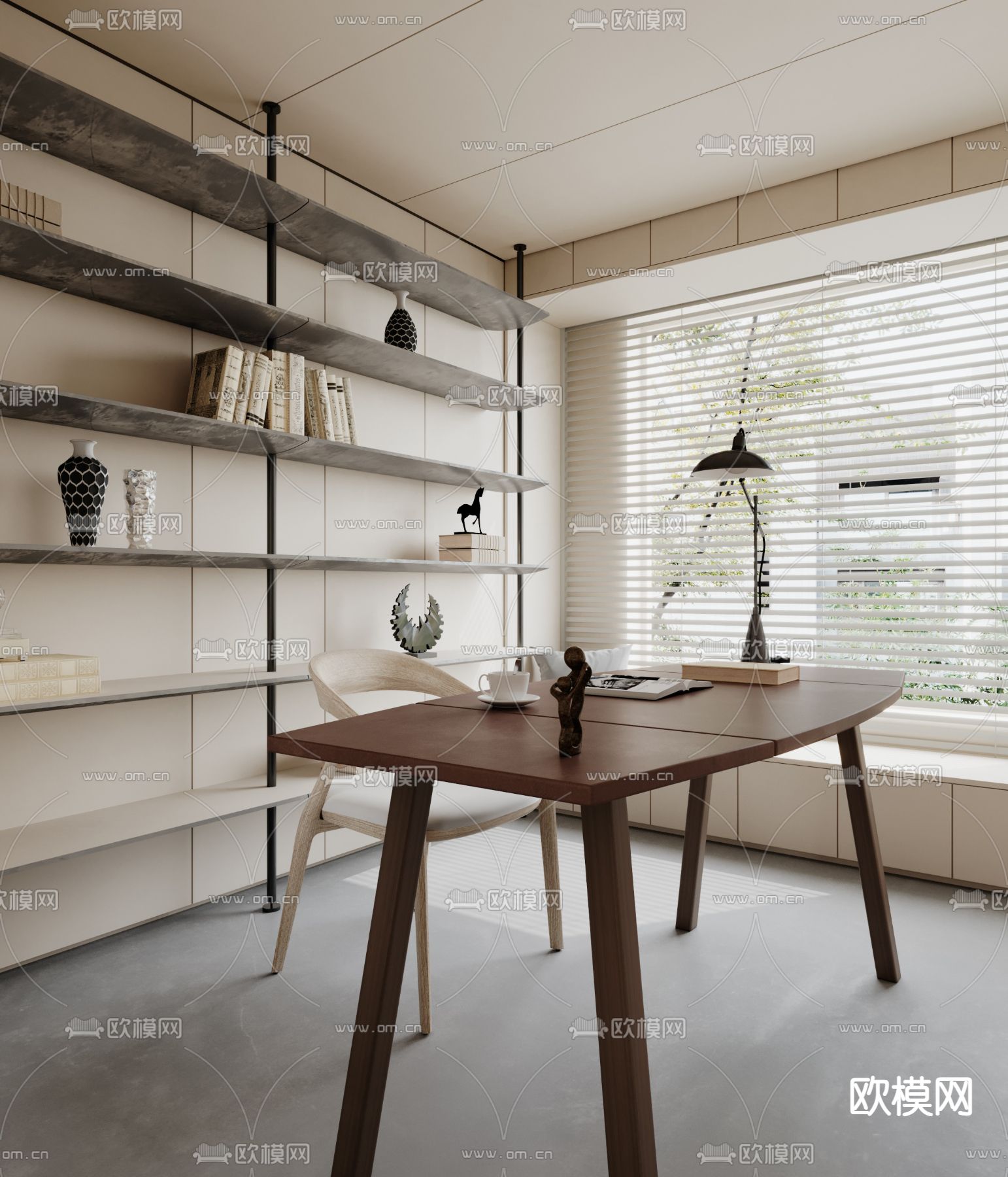 侘寂奶油风榻榻米书房3d模型下载（渲染图2）
