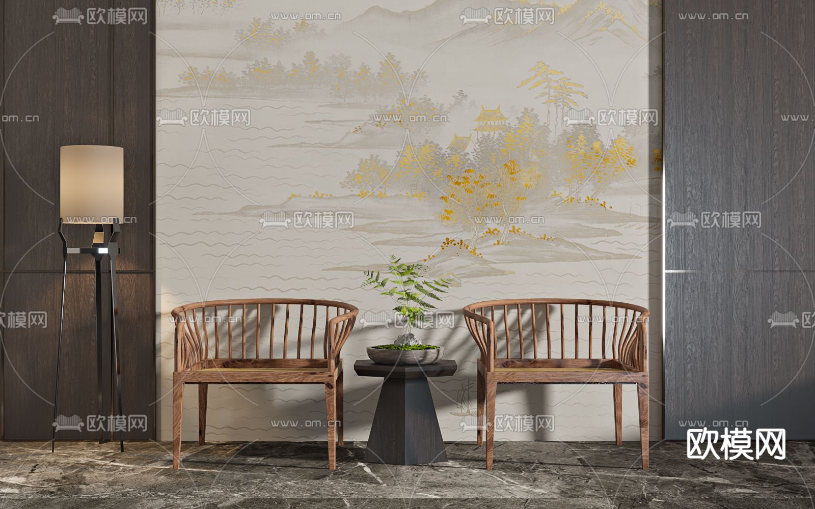 新中式胡桃木圈椅su模型下载（渲染图1）