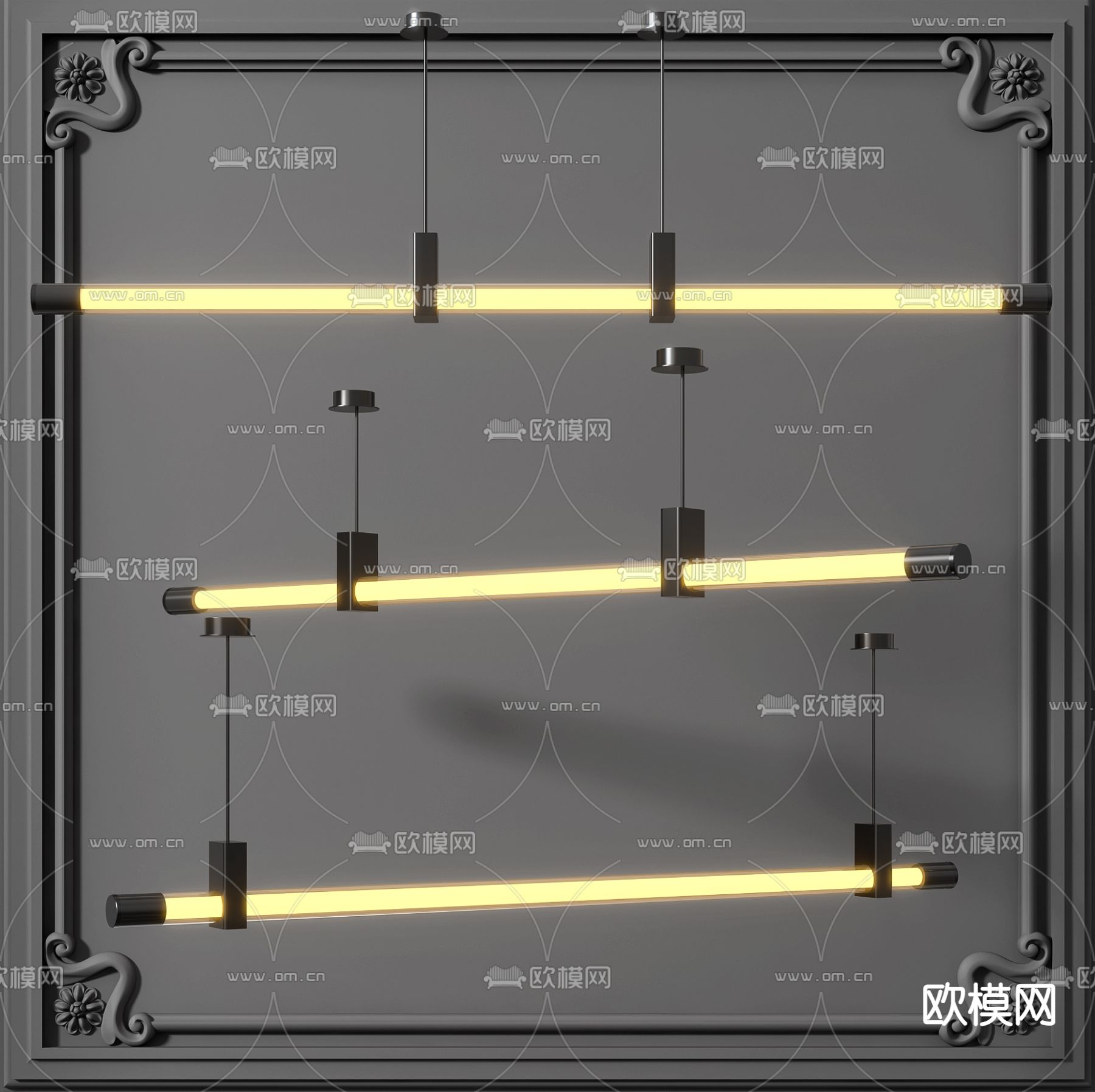 现代工业风长条吊灯3d模型下载_ID12089233_3dmax免费模型-欧模网