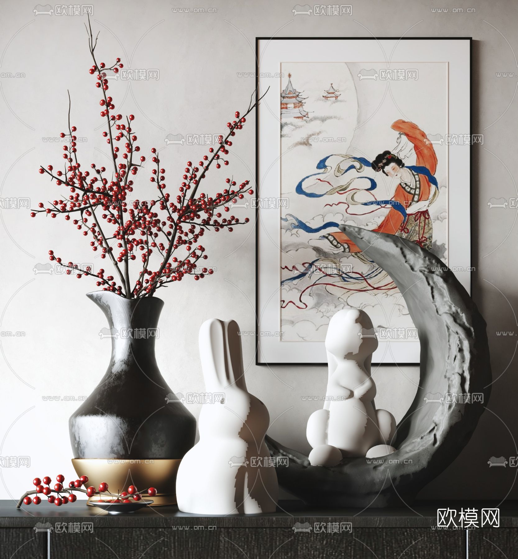 新中式干枝花瓶雕塑摆件3d模型