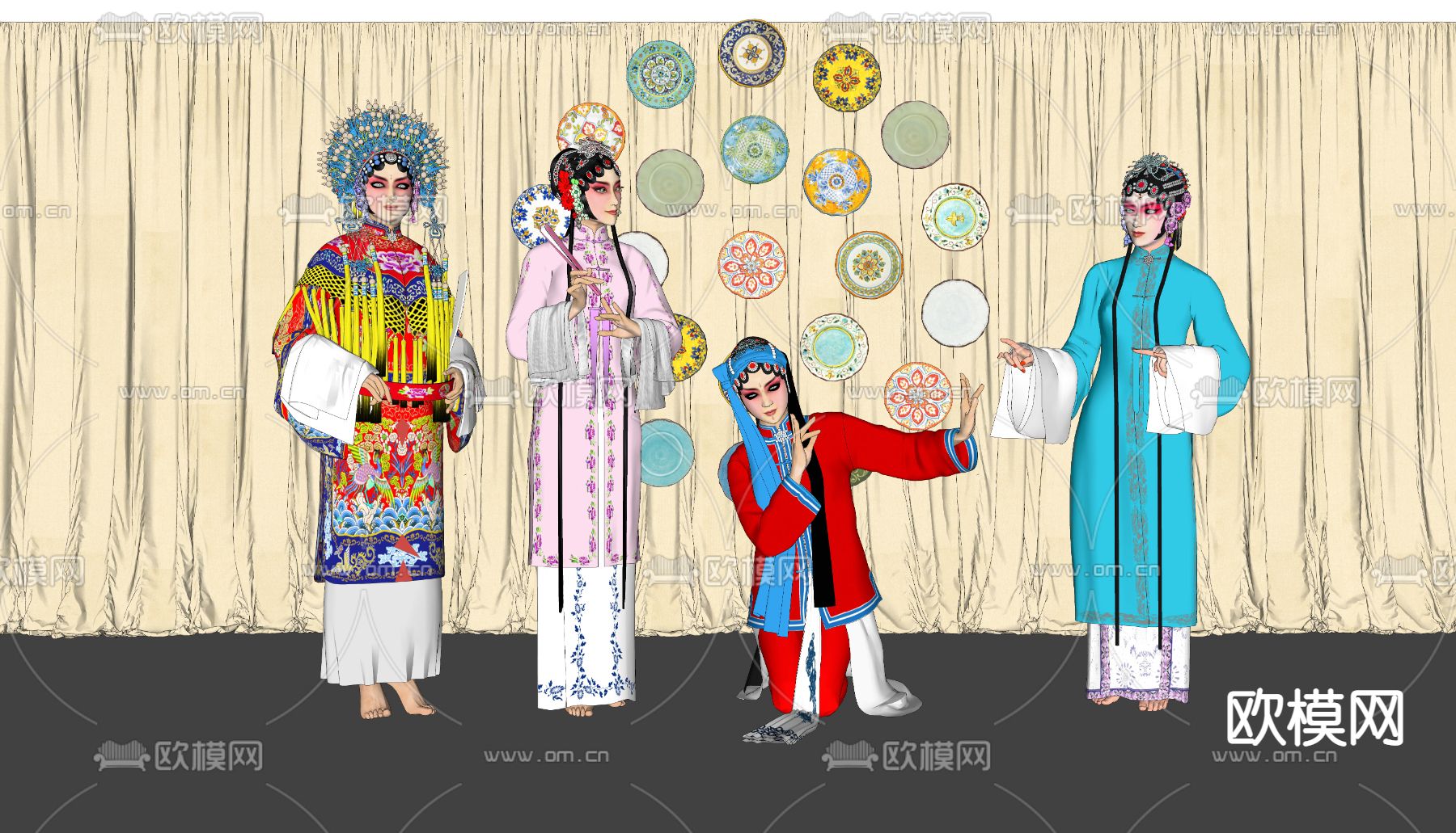 新中式戏曲人物京剧人物su模型下载（渲染图2）