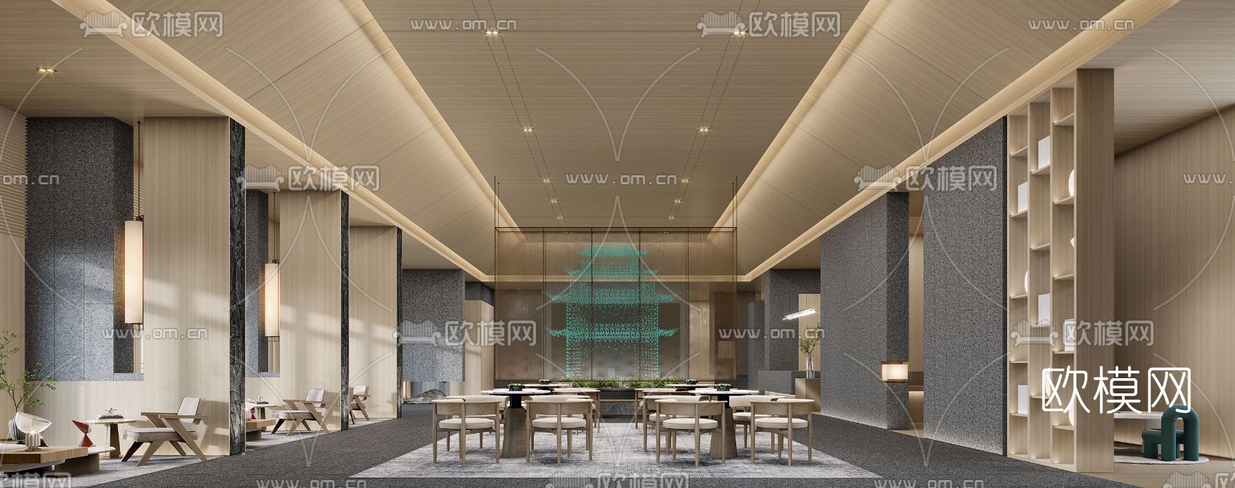 新中式售楼处洽谈区沙盘区3d模型下载（渲染图1）