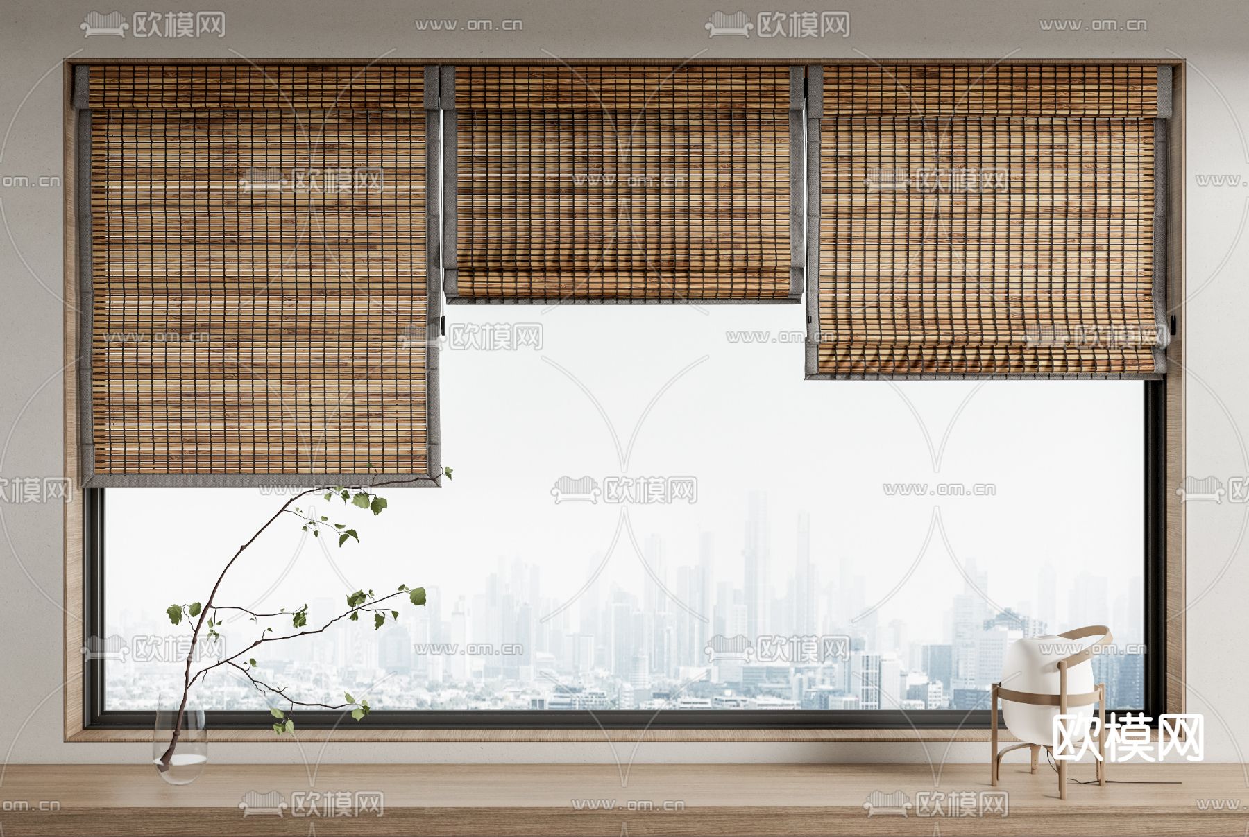新中式竹帘卷帘su模型下载（渲染图1）