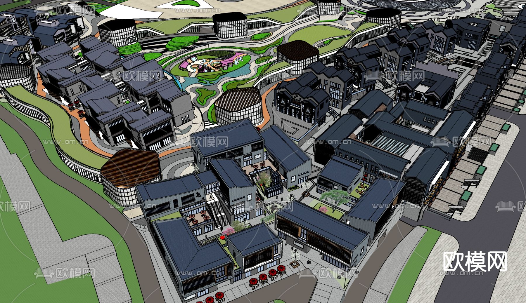 中式文化旅游城商业街su模型下载（渲染图3）