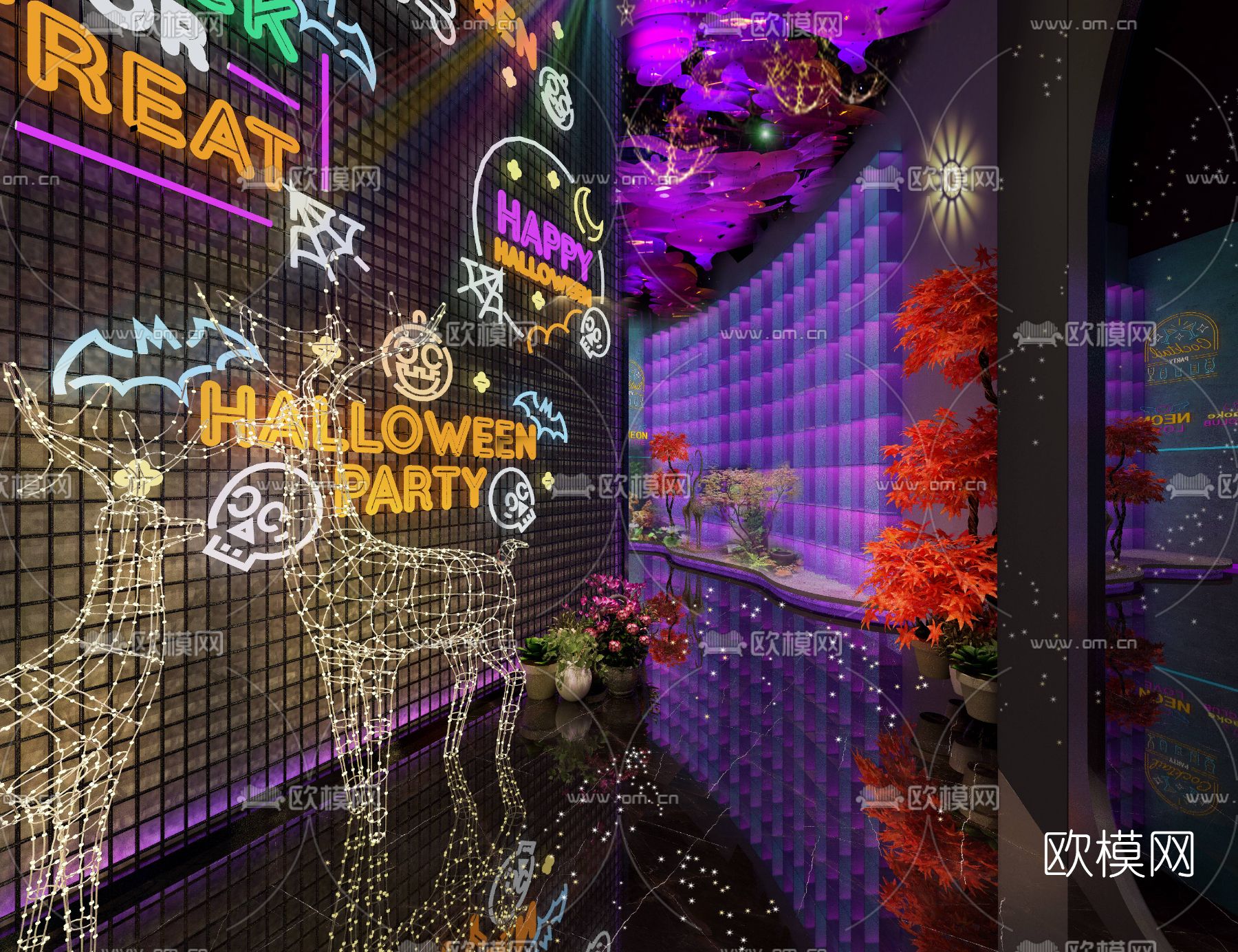 工业风霓虹酒吧走廊3d模型下载（渲染图1）