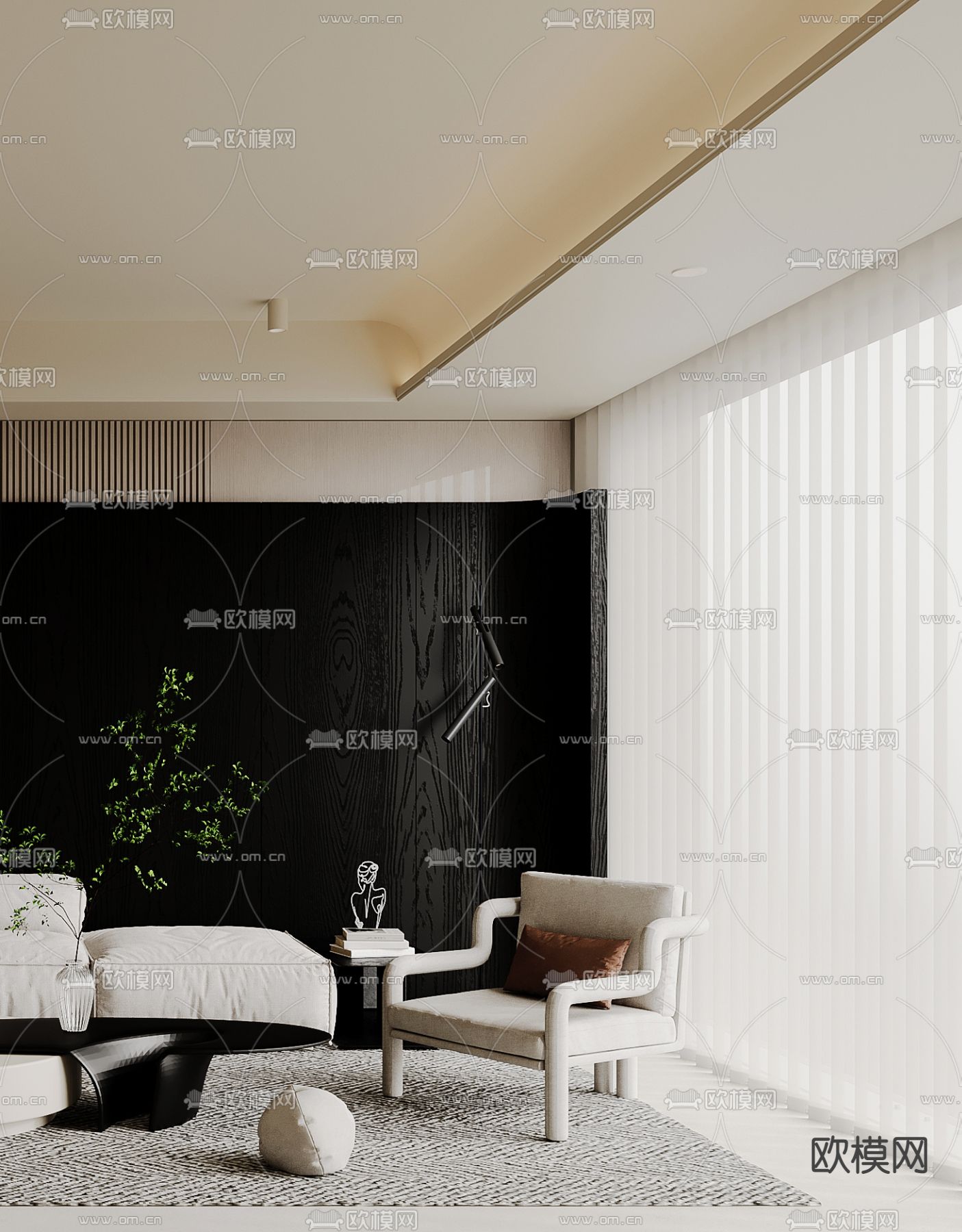 现代奶油风客厅3d模型下载（渲染图3）