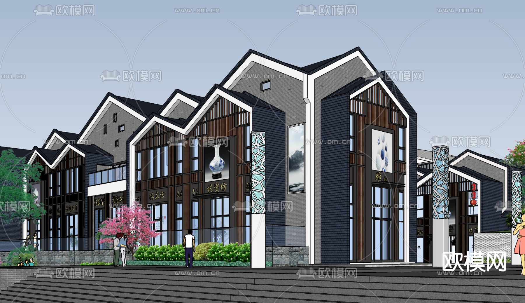 中式文化旅游城商业街su模型下载（渲染图1）