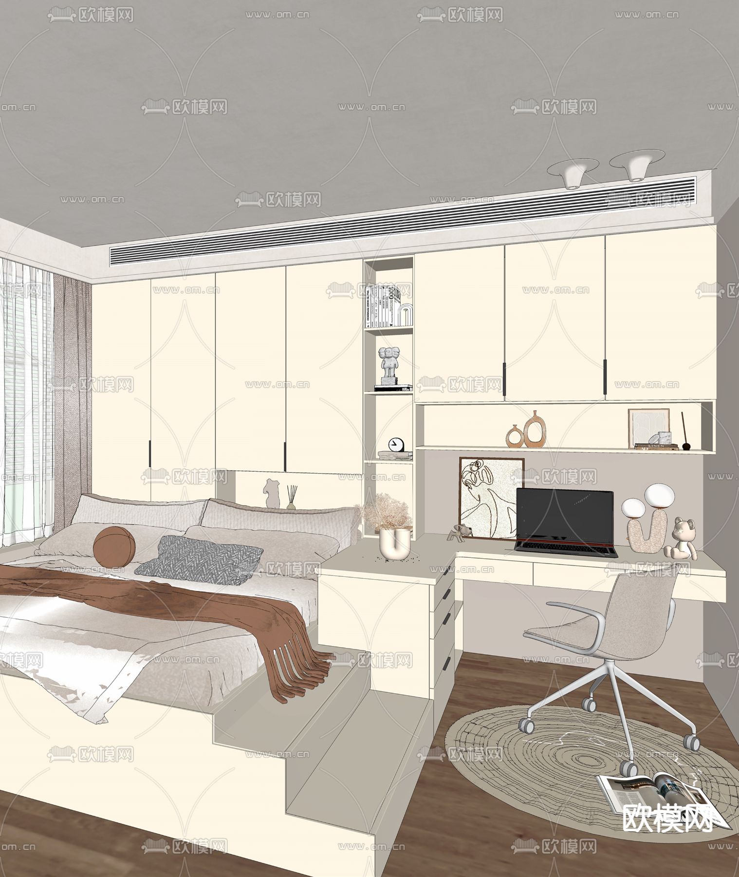 现代奶油风榻榻米卧室su模型下载（渲染图2）