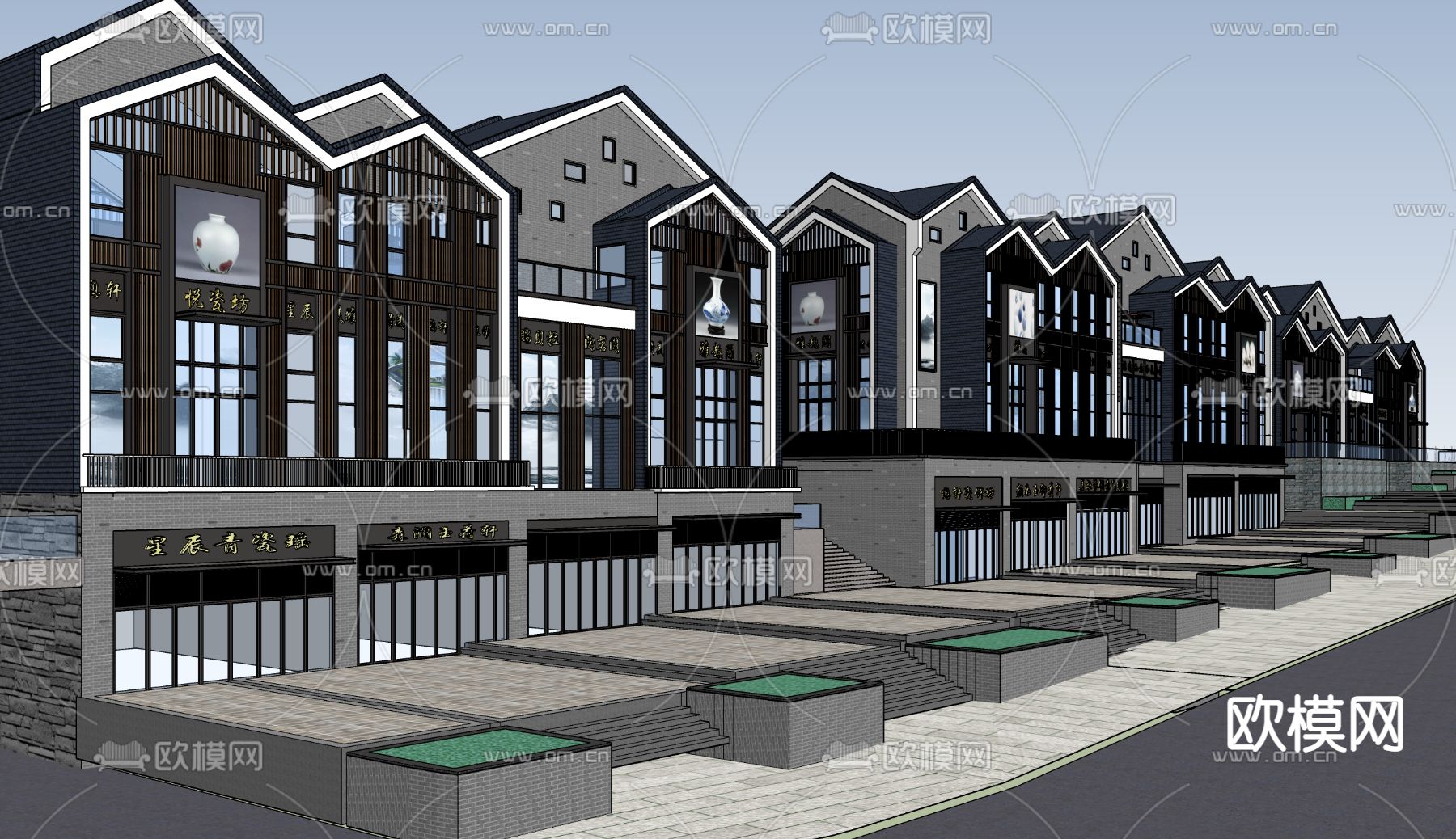 中式文化旅游城商业街su模型下载（渲染图2）