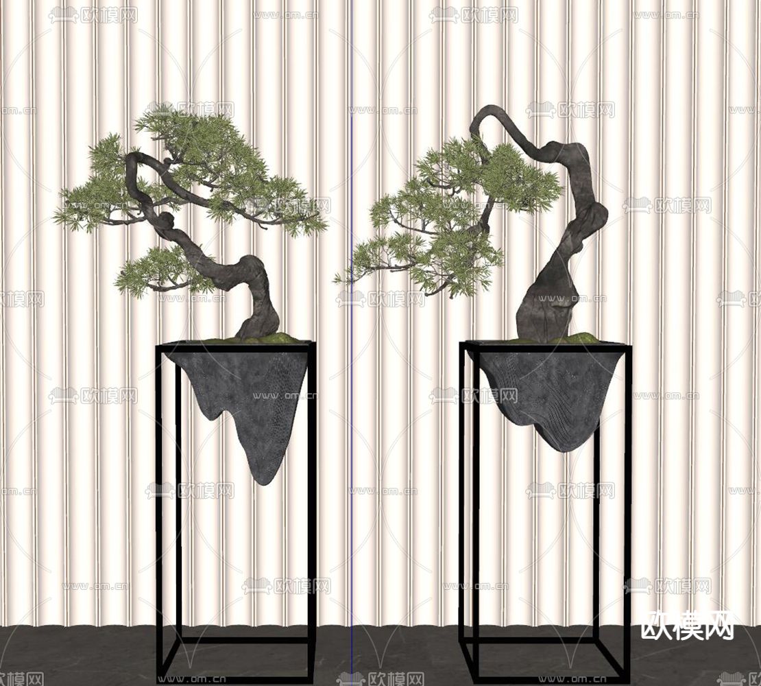 新中式迎客松盆栽su模型下载（渲染图2）