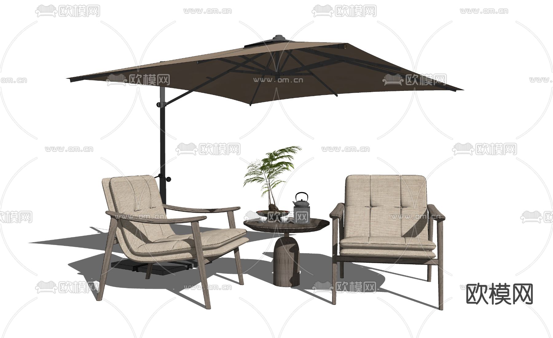 新中式户外椅遮阳伞su模型下载（渲染图2）