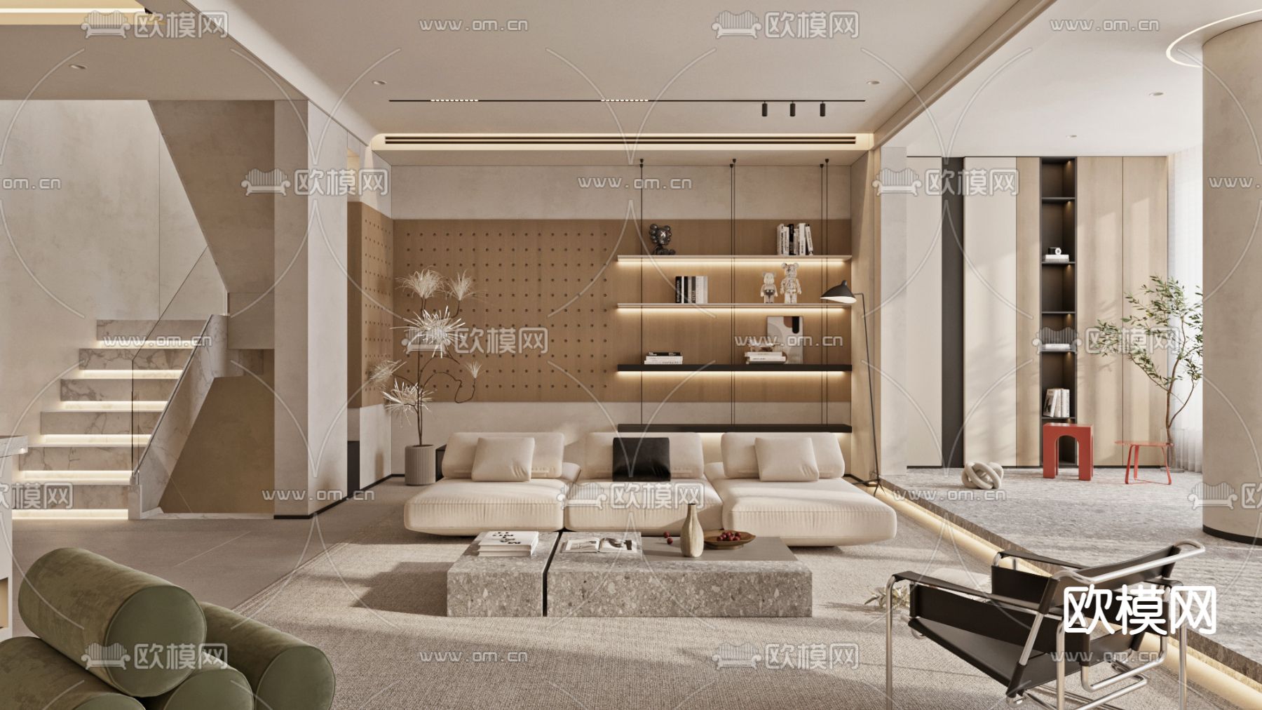 奶油风复式客厅餐厅3d模型下载_ID12090074_3dmax免费模型-欧模网