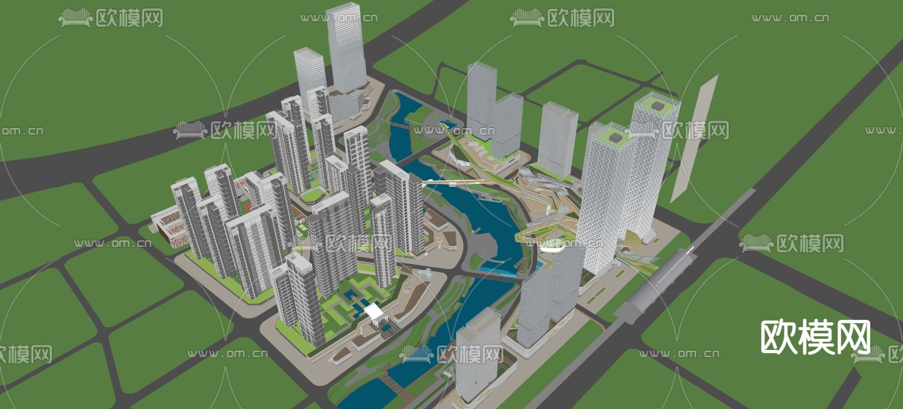 现代城市鸟瞰规划su模型下载（渲染图2）