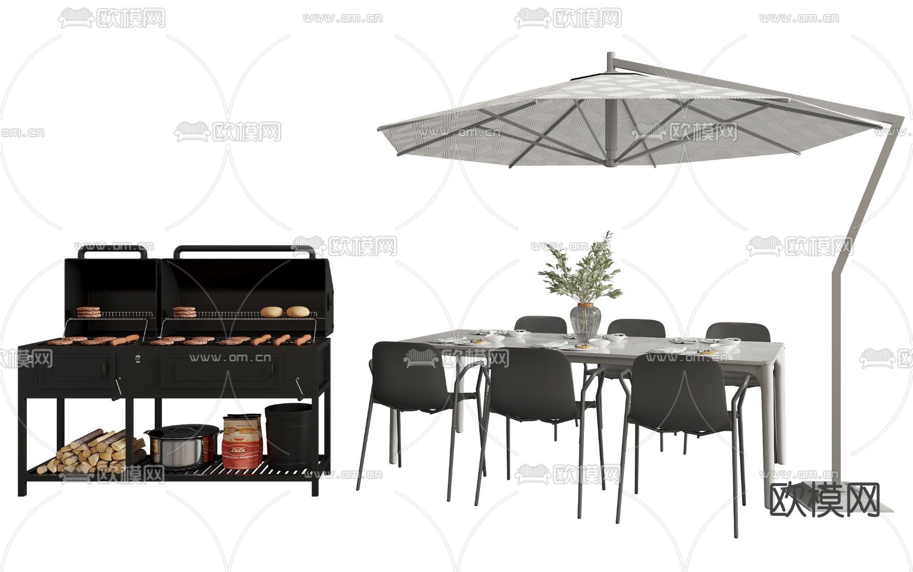 现代户外休闲桌椅烧烤架3d模型下载