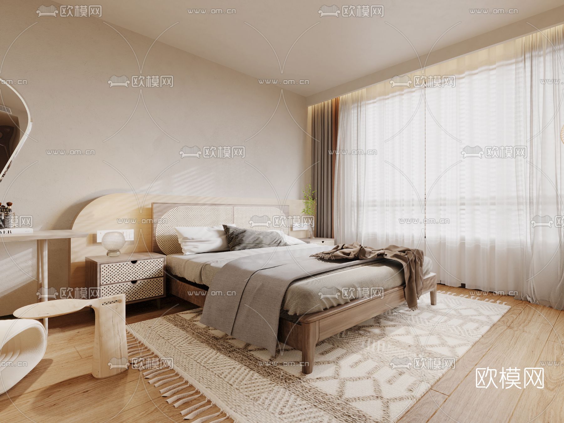 侘寂奶油风主卧次卧3d模型下载_ID12093353_3dmax免费模型-欧模网