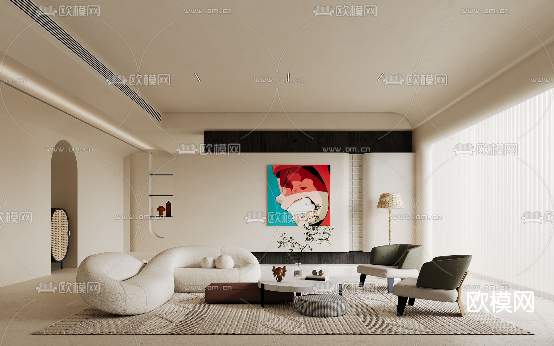 侘寂奶油风客厅3d模型下载_ID12091170_3dmax免费模型-欧模网