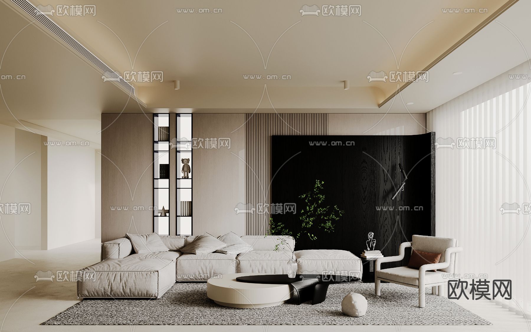 现代奶油风客厅3d模型下载（渲染图1）