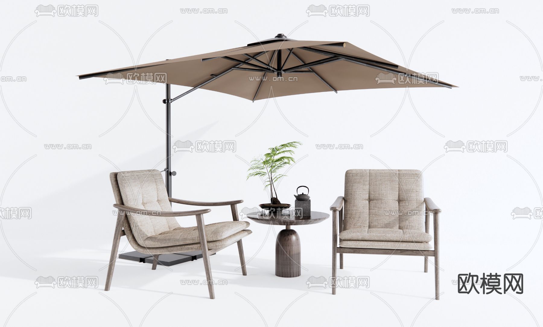 新中式户外椅遮阳伞su模型下载（渲染图1）