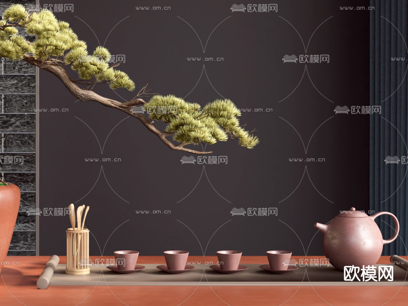 新中式松树盆栽茶具3d模型下载（渲染图2）