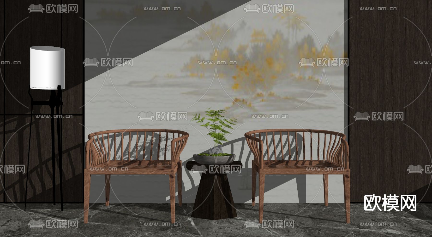 新中式胡桃木圈椅su模型下载（渲染图2）