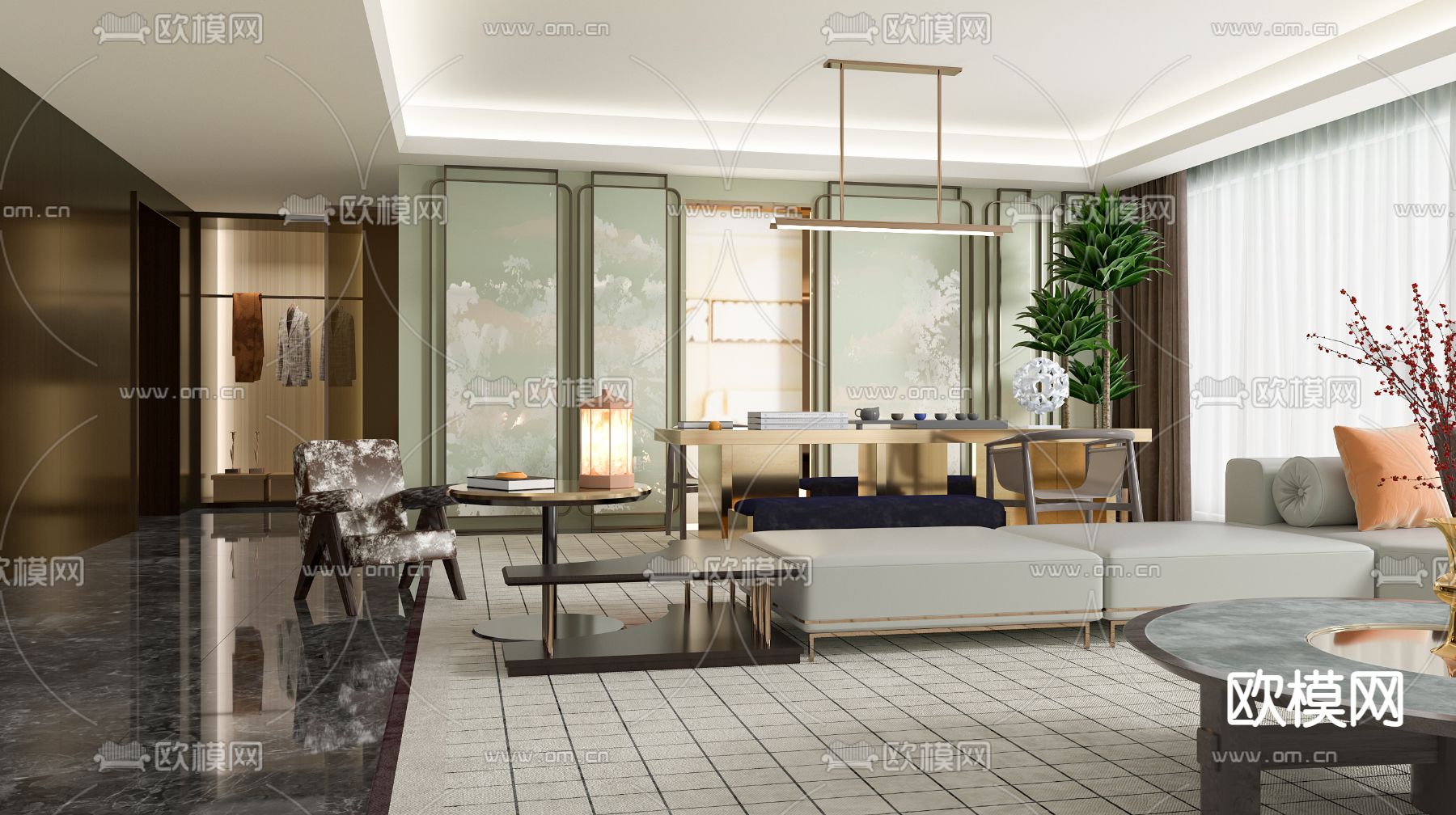 HWCD设计 新中式客厅茶室3d模型下载