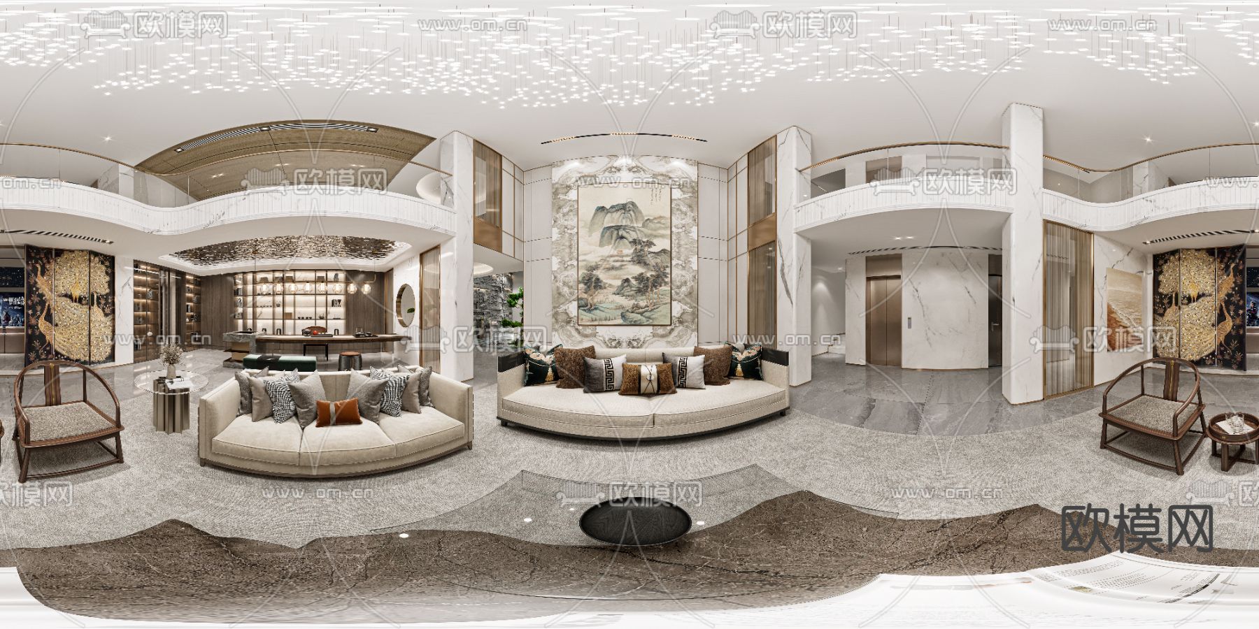 新中式别墅客厅茶室vr全景3d模型下载_ID12090062_3dmax免费模型-欧模网
