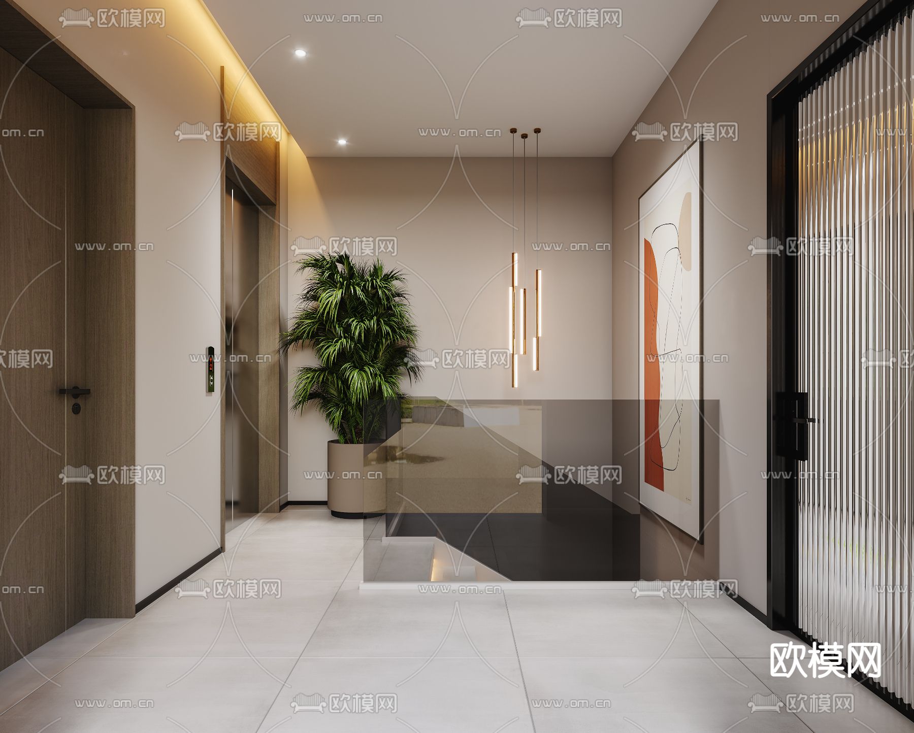 现代楼梯间电梯间免费3d模型下载（渲染图1）