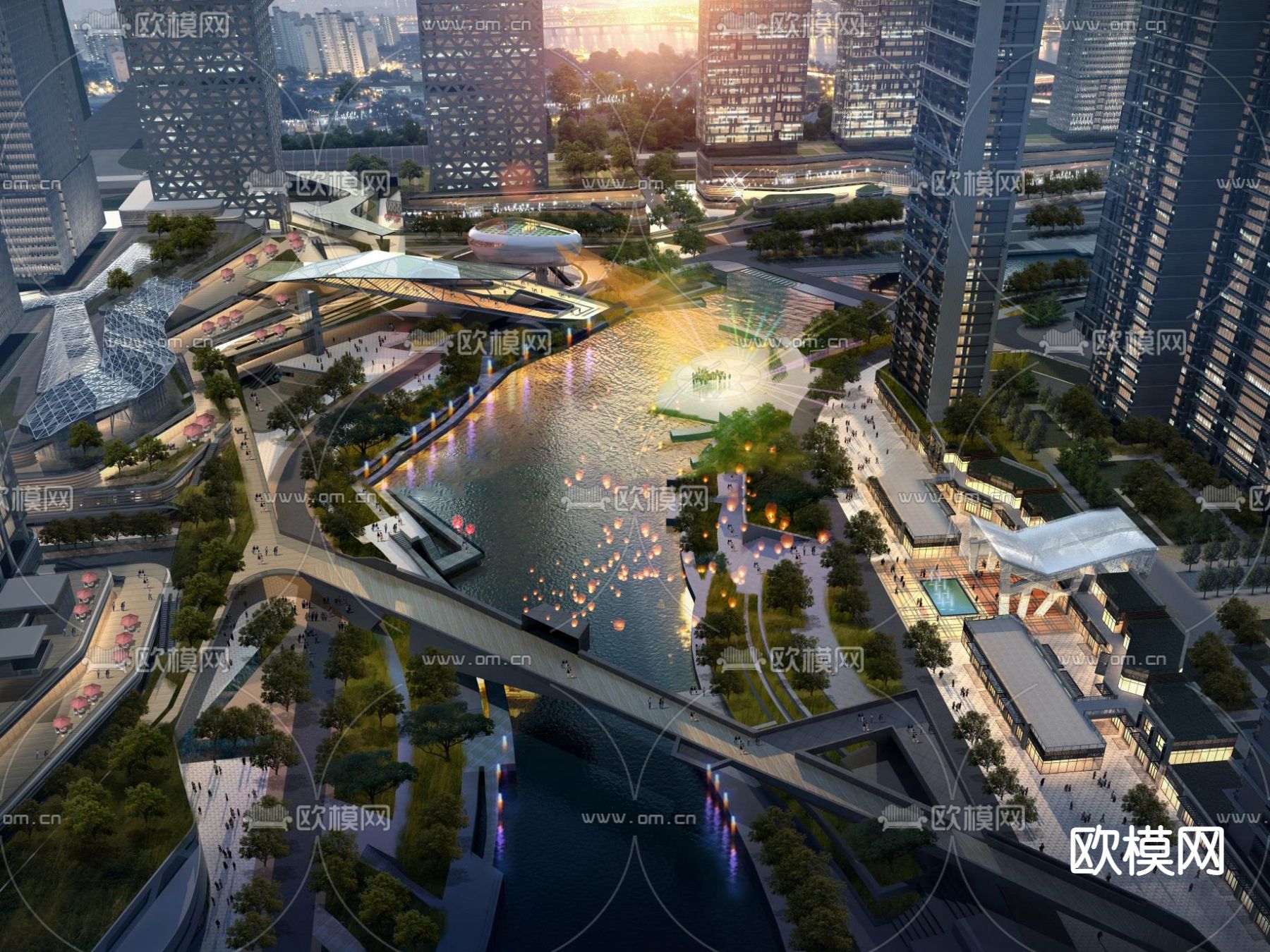 现代城市鸟瞰规划su模型下载（渲染图1）