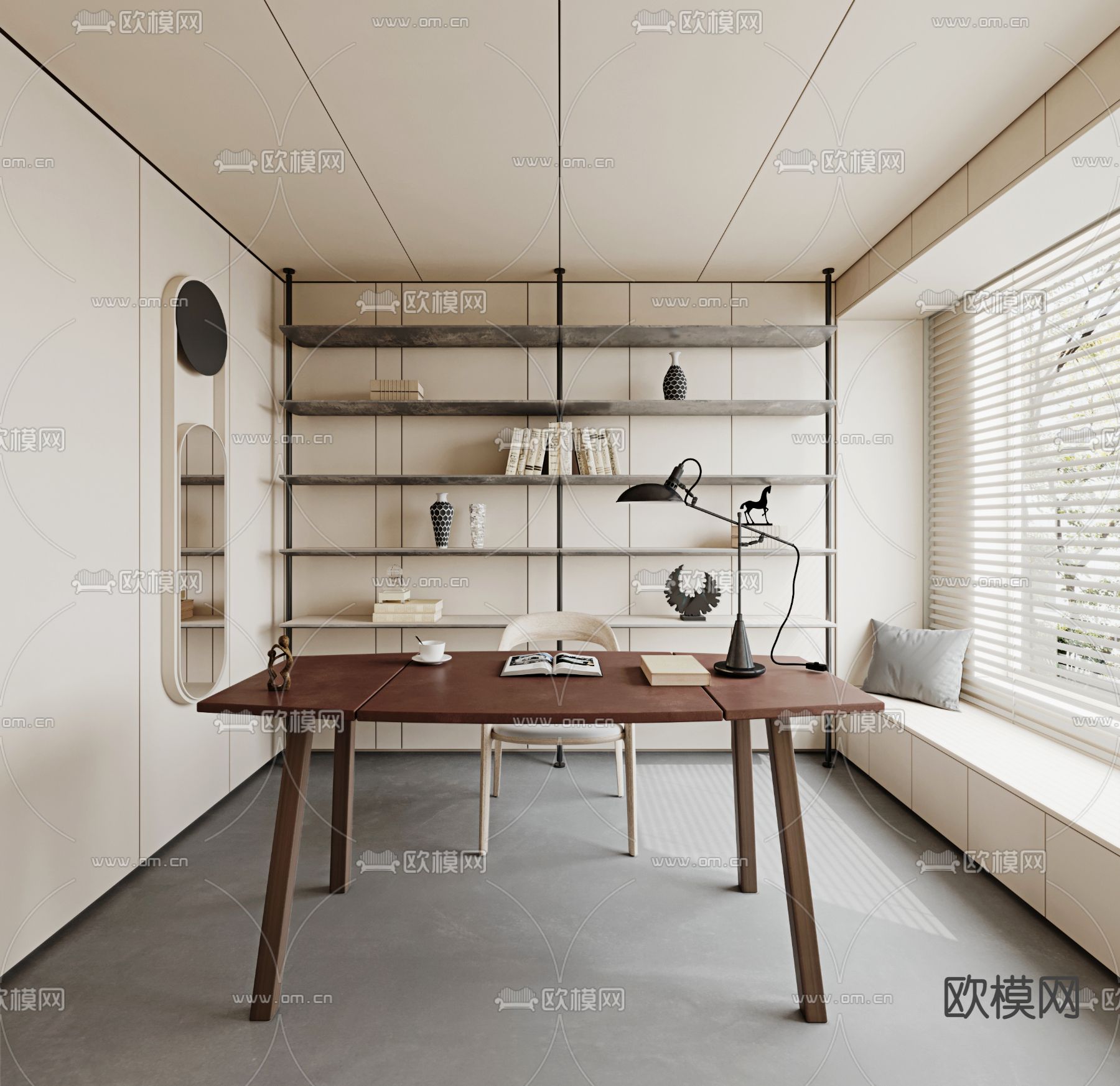 侘寂奶油风榻榻米书房3d模型下载（渲染图1）
