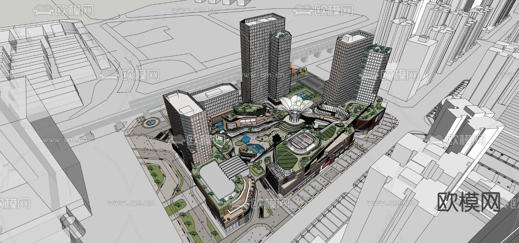 现代商业街综合体鸟瞰su模型下载（渲染图2）