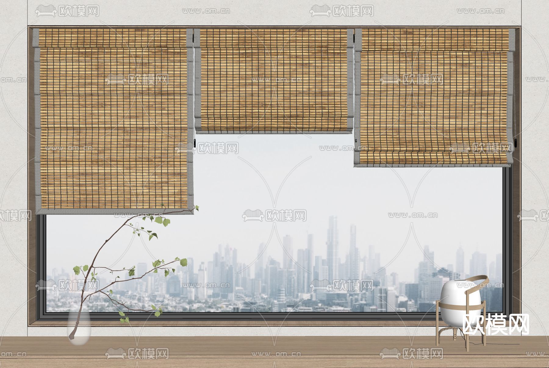 新中式竹帘卷帘su模型下载（渲染图2）