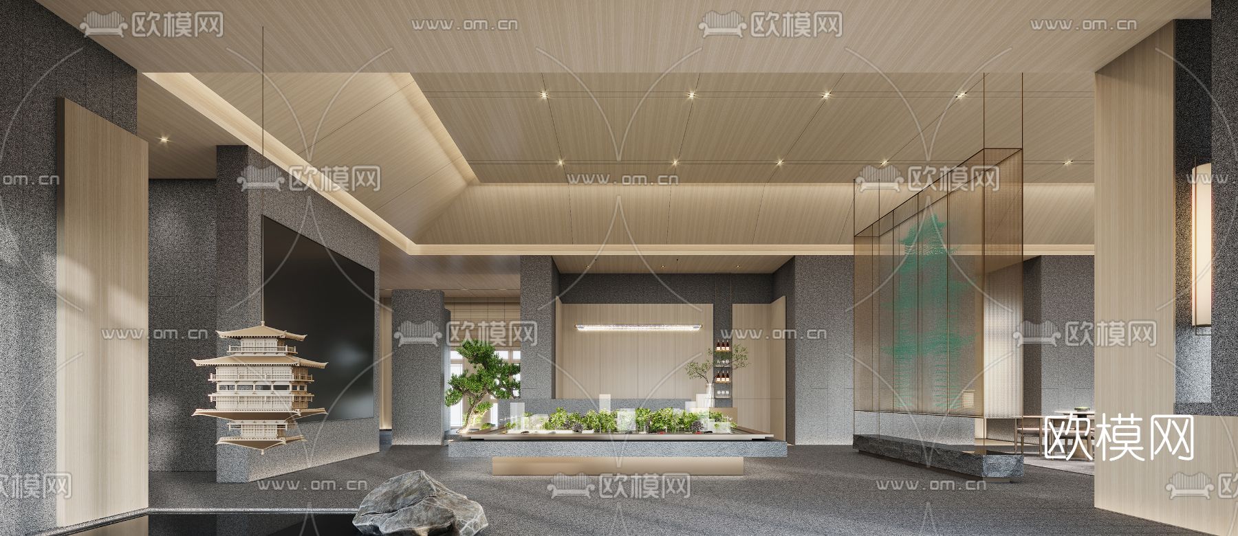 新中式售楼处洽谈区沙盘区3d模型下载（渲染图2）