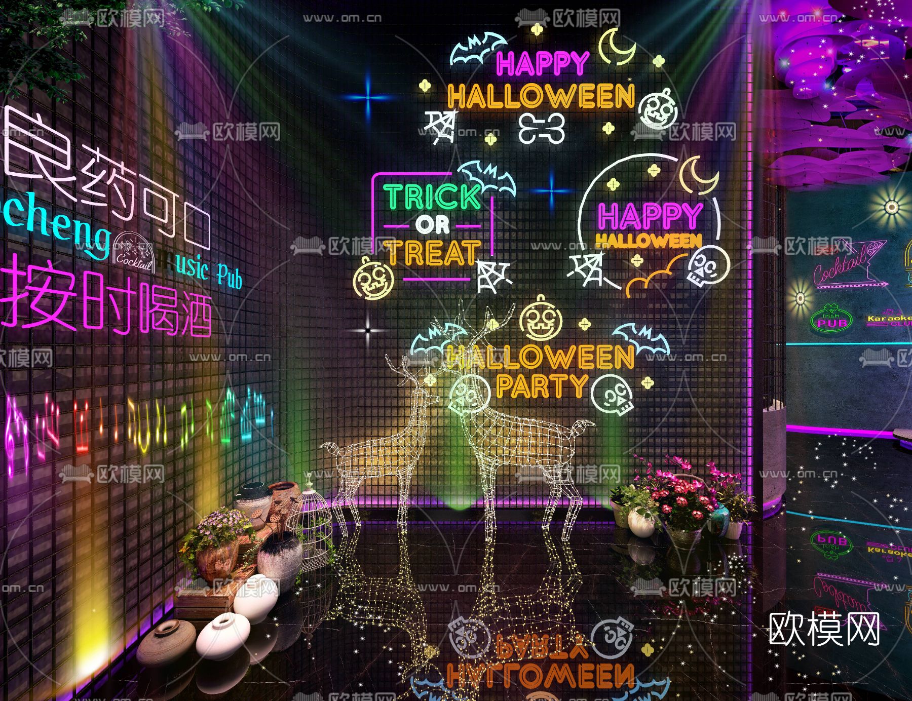 工业风霓虹酒吧走廊3d模型下载（渲染图2）