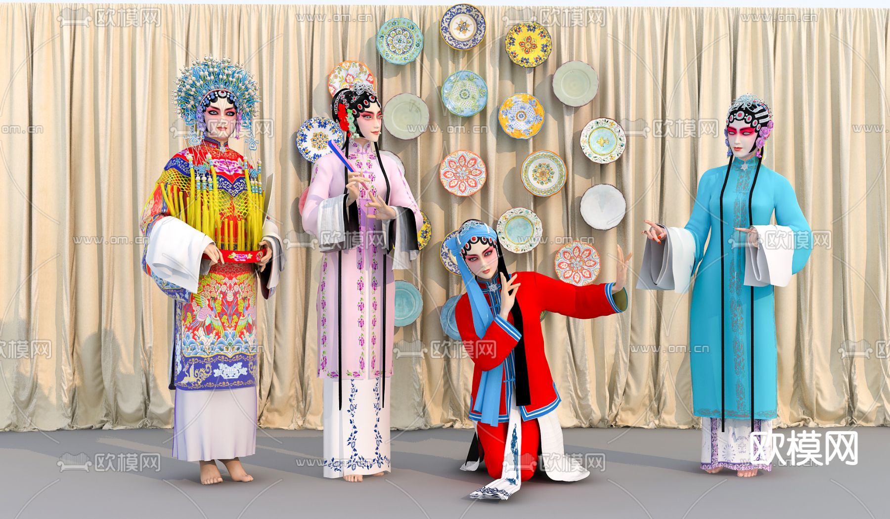 新中式戏曲人物京剧人物su模型下载（渲染图1）