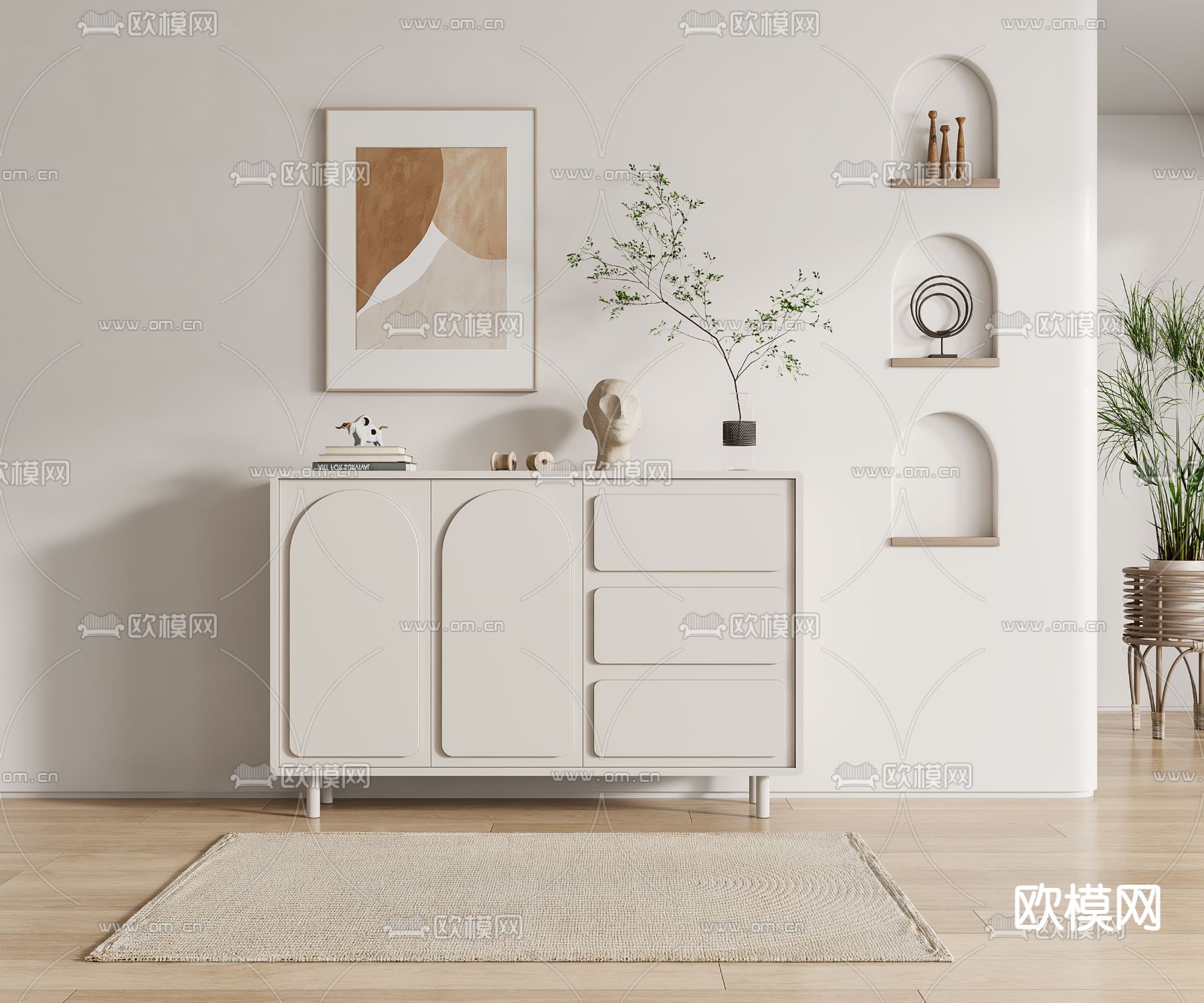 法式奶油风边柜su模型下载（渲染图1）