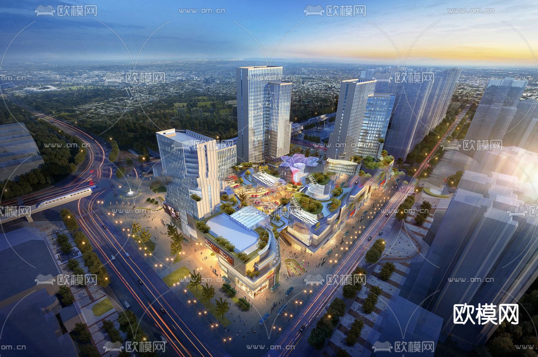 现代商业街综合体鸟瞰su模型下载（渲染图1）