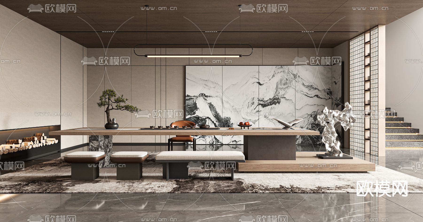 新中式别墅地下茶室3d模型下载