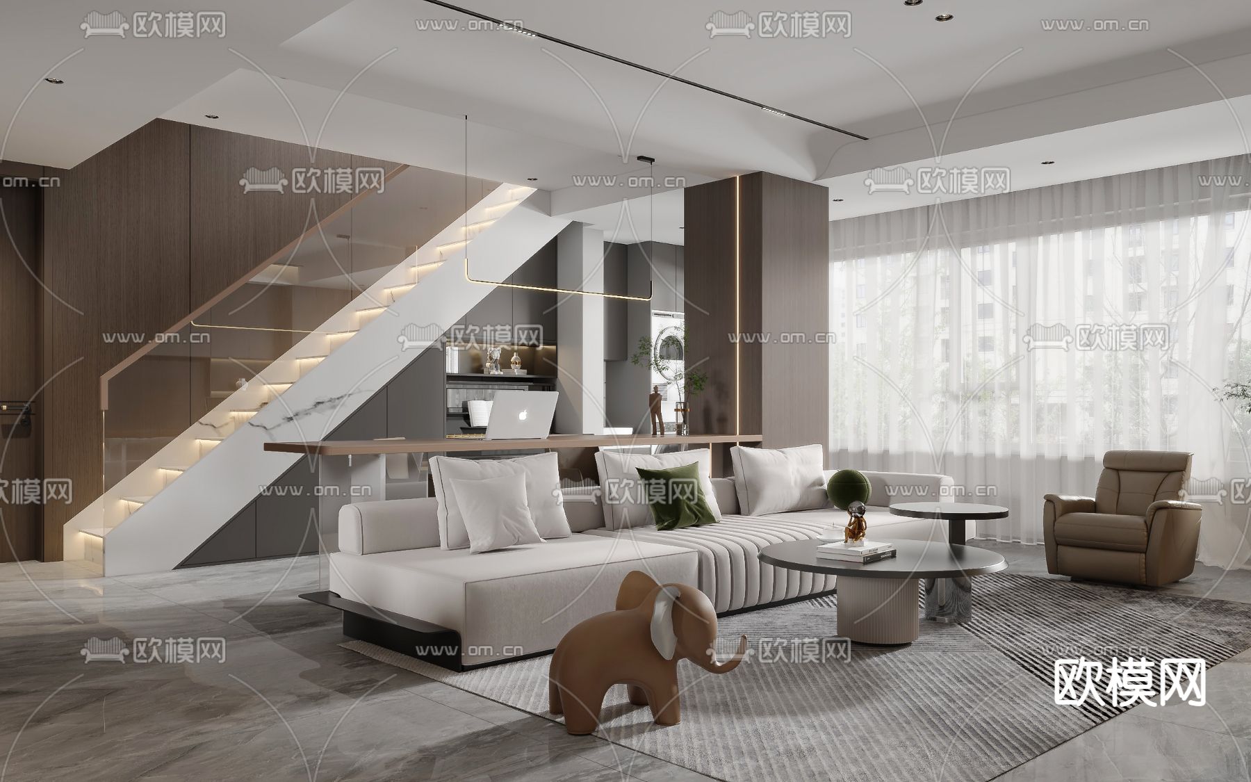 现代复式客厅餐厅3d模型