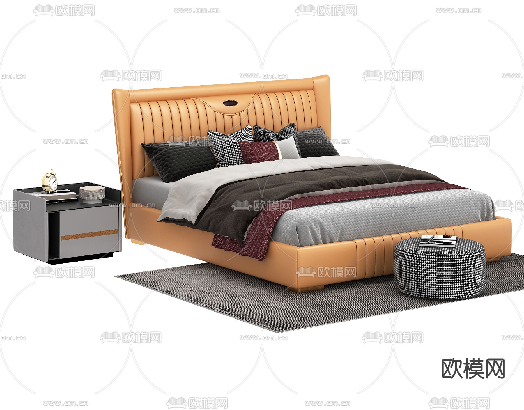 现代轻奢橘色双人床3d模型下载