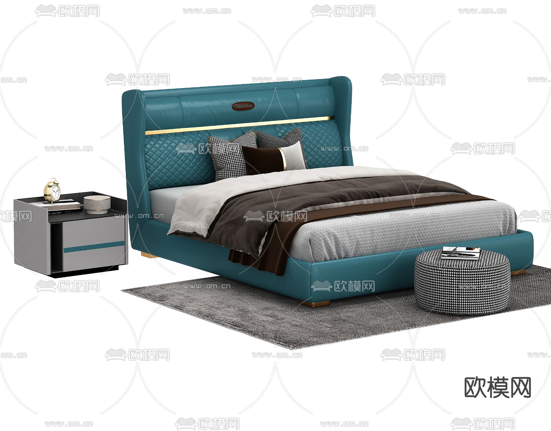 现代轻奢孔雀蓝双人床3d模型下载