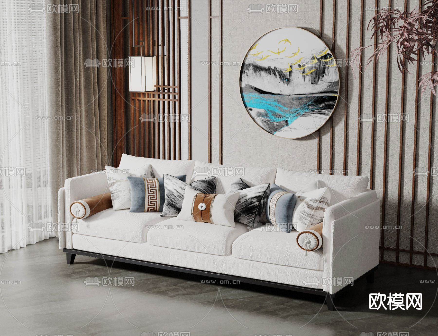 新中式白色多人沙发 三人沙发3d模型下载