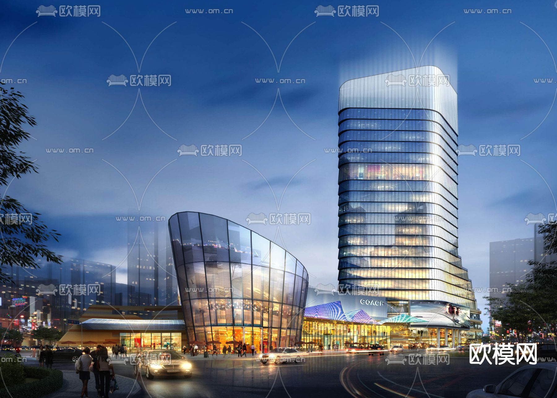 现代商业楼建筑外观夜景psd下载_ID12091395_3dmax免费模型-欧模网