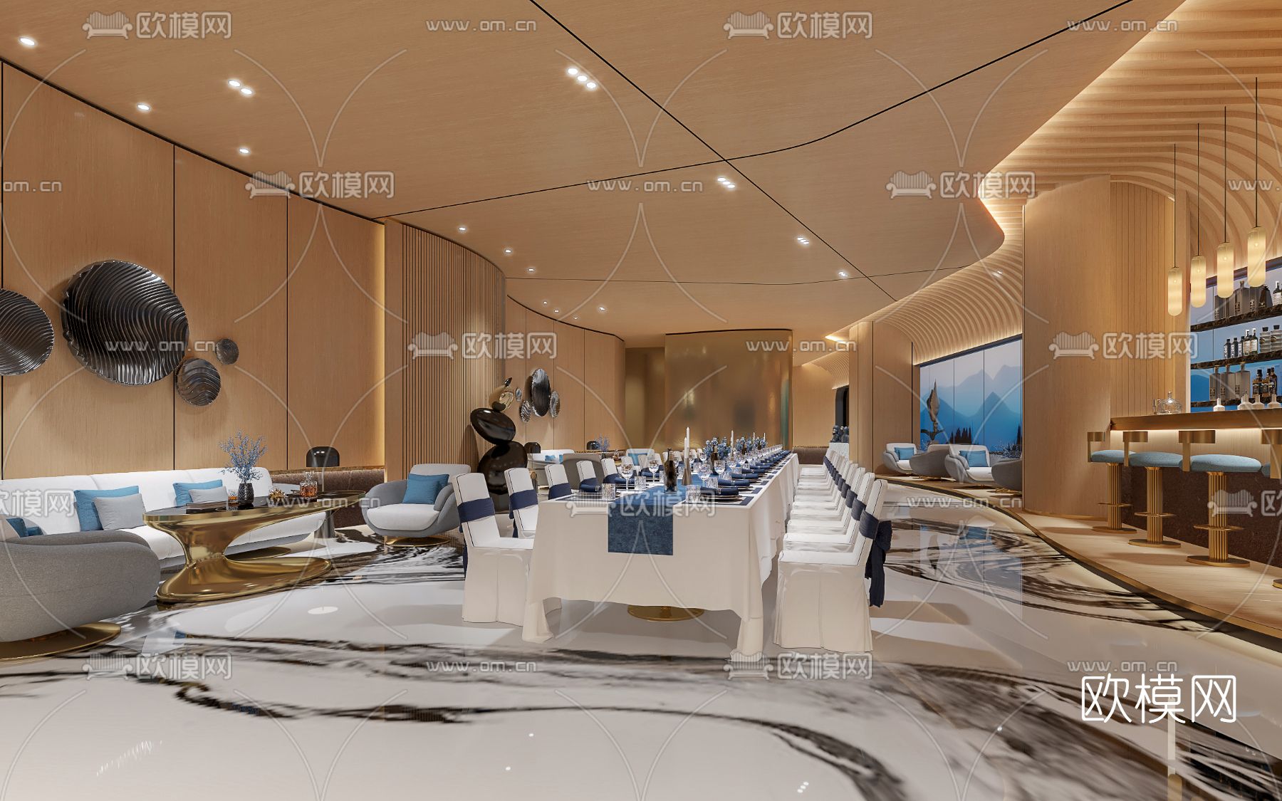 现代轻奢酒店餐厅包房3d模型下载（渲染图1）
