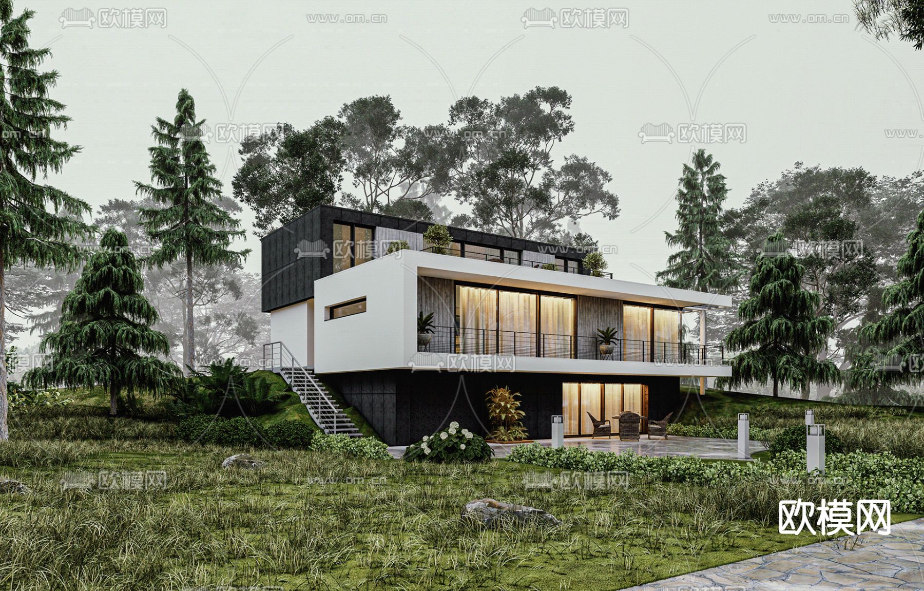 现代独栋别墅su模型下载（渲染图2）