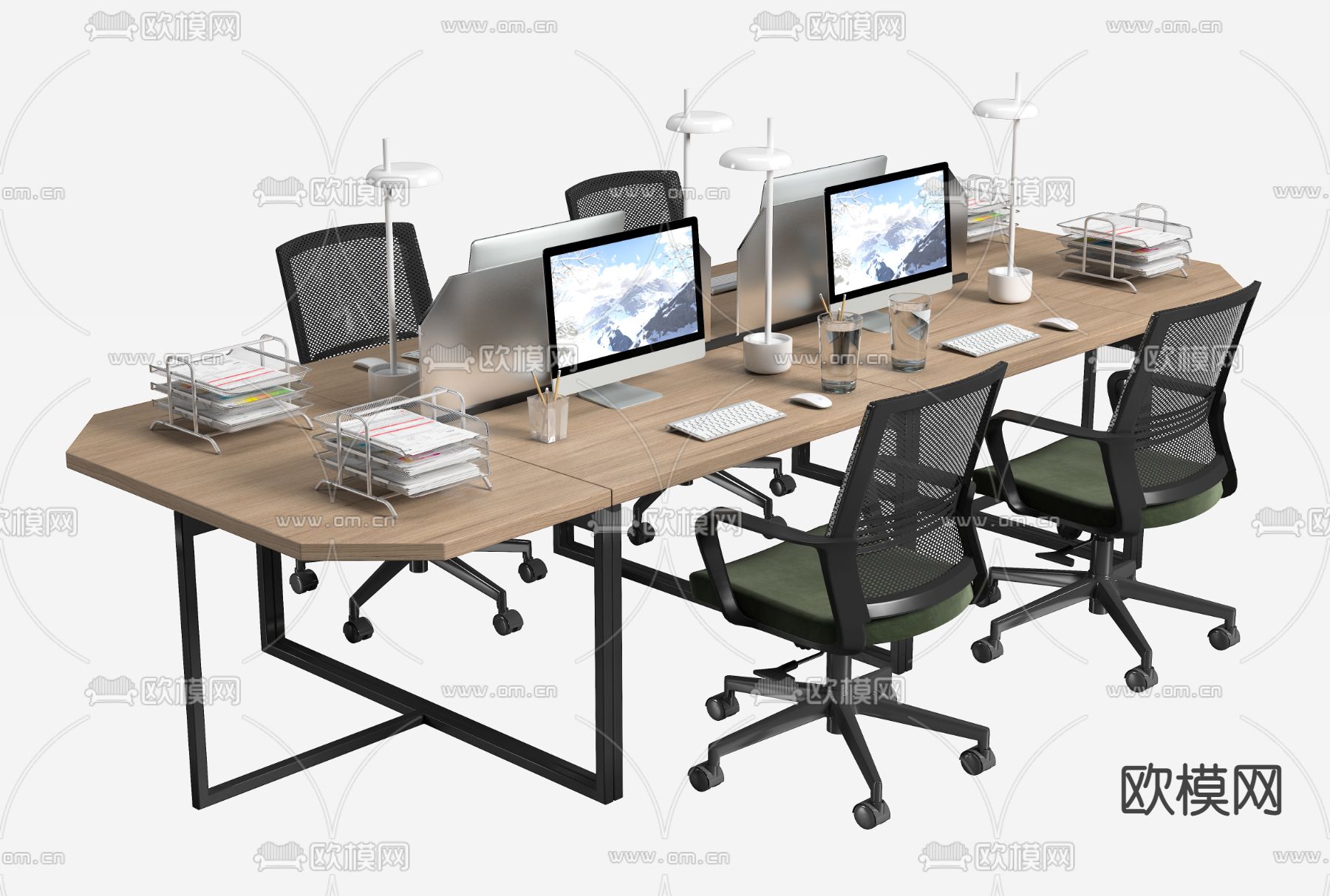 工业风卡位办公桌椅su模型下载（渲染图1）
