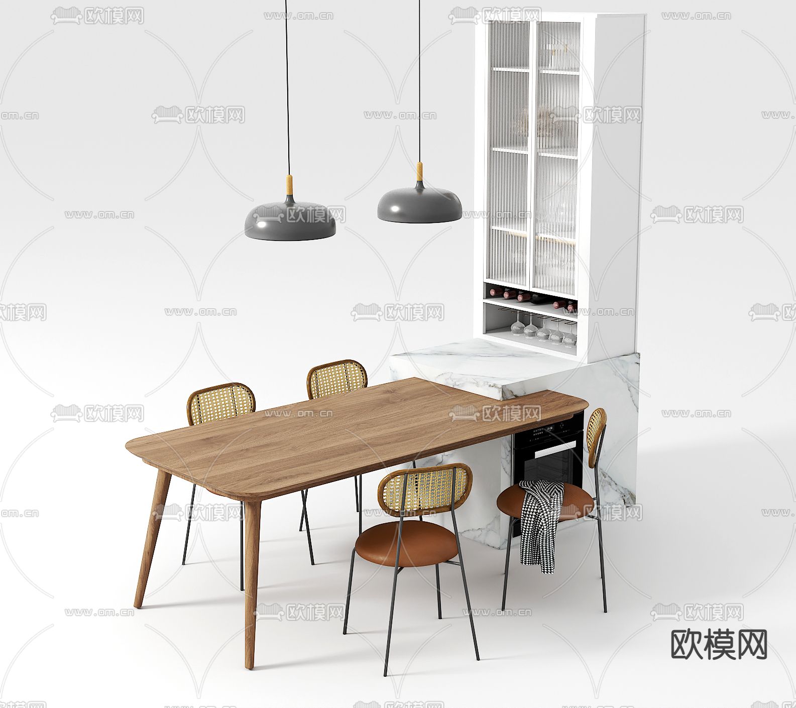 北欧中岛餐桌椅酒柜组合免费3d模型下载