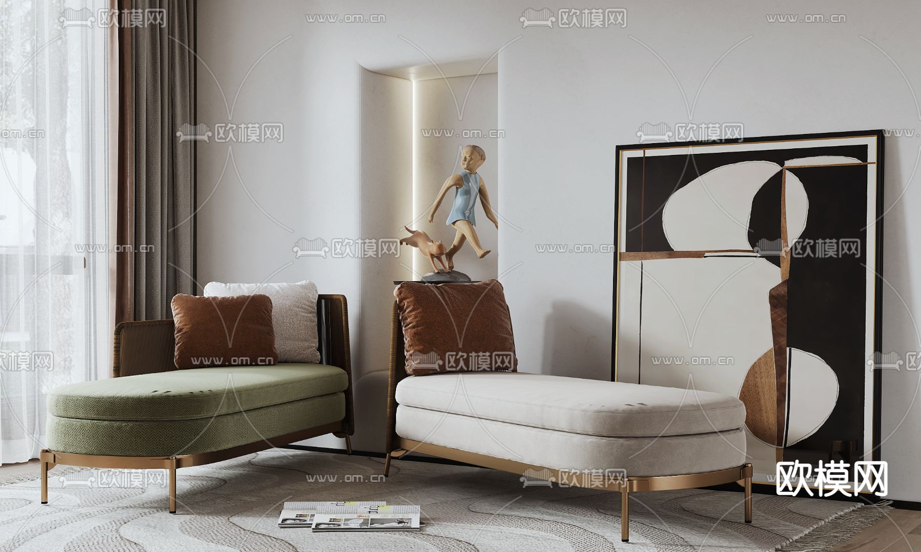 现代白色贵妃椅3d模型下载（渲染图1）